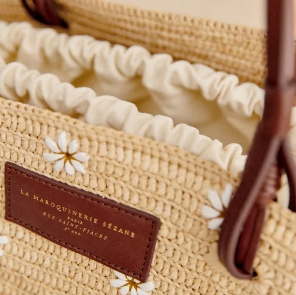 ISO Sezàne Justine Embroidered Flower Raffia Basket Tote Bag - Picture 3 of 5